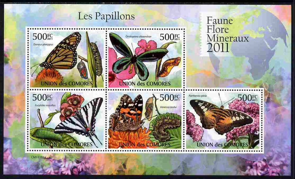 Comoro Islands 2011 Butterflies #1 perf sheetlet containing 5 values unmounted mint