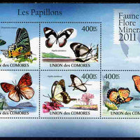 Comoro Islands 2011 Butterflies #3 perf sheetlet containing 5 values unmounted mint