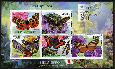 Comoro Islands 2011 Butterflies #4 perf sheetlet containing 5 values unmounted mint with Philanippon imprint in margin