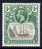 Ascension 1924-33 KG5 Badge 1d grey & bright blue-green single with variety 'Damage to rigging on main mast below first yardarm', (stamp 7) mounted mint SG 11dvar