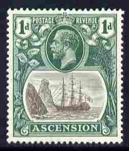 Ascension 1924-33 KG5 Badge 1d grey & bright blue-green single with variety 'Damage to rigging on main mast below first yardarm', (stamp 7) mounted mint SG 11dvar