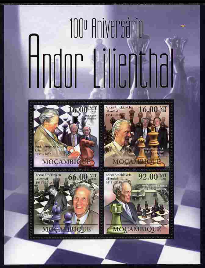 Mozambique 2011 Birth Centenary of Andor Lilienthal (chess) perf sheetlet containing 4 values unmounted mint Michel 4509-12