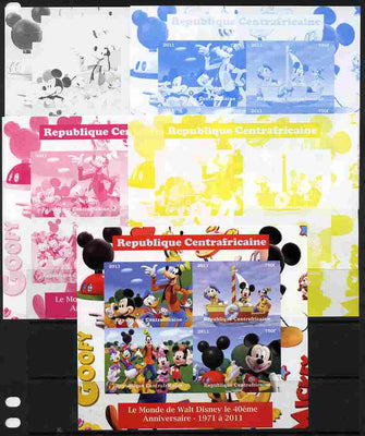 Central African Republic 2011 The World of Walt Disney #2 sheetlet containing 4 values - the set of 5 imperf progressive proofs comprising the 4 individual colours plus all 4-colour composite, unmounted mint