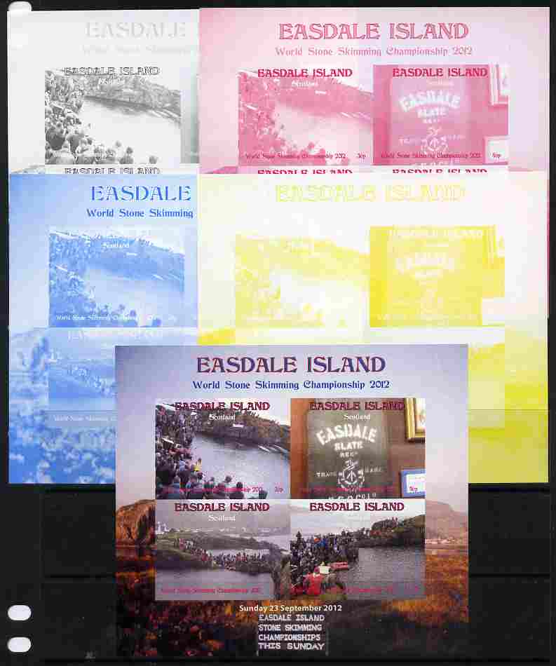 Easdale 2011 World Stone Skimming Championships sheetlet containing 4 values - the set of 5 imperf progressive proofs comprising the 4 individual colours plus all 4-colour composite, unmounted mint