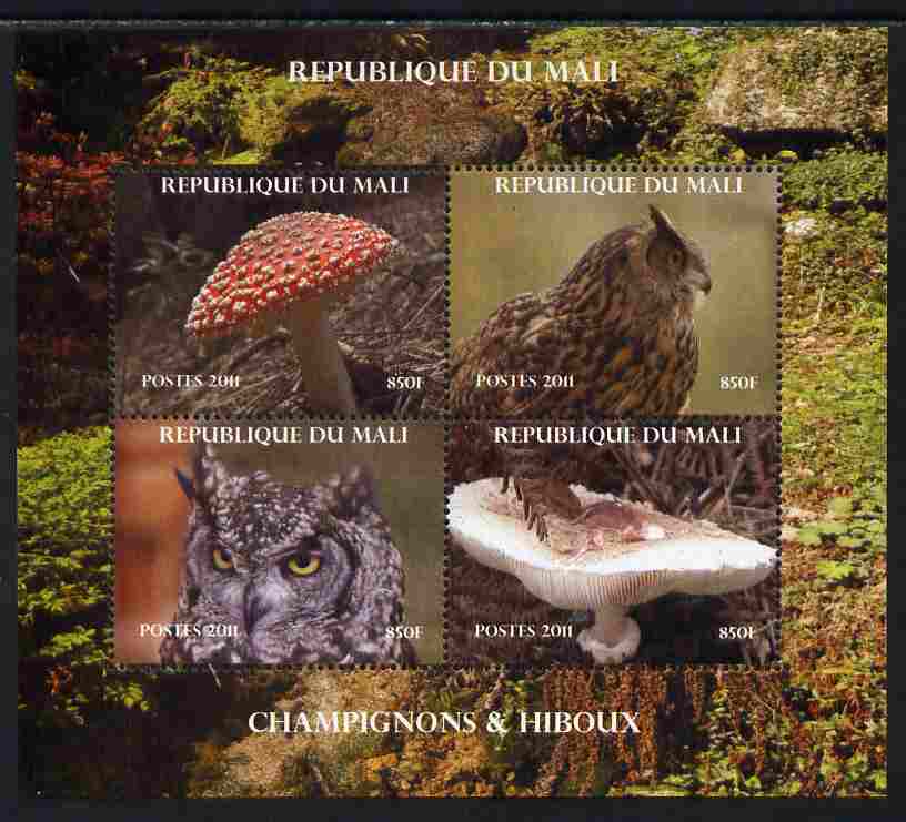 Mali 2011 Mushrooms & Owls perf sheetlet containing 4 values unmounted mint. Note this item is privately produced and is offered purely on its thematic appeal