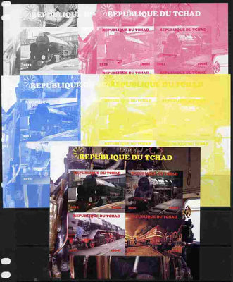 Chad 2011 Steam Locomotives #1 sheetlet containing 4 values - the set of 5 imperf progressive proofs comprising the 4 individual colours plus all 4-colour composite, unmounted mint.