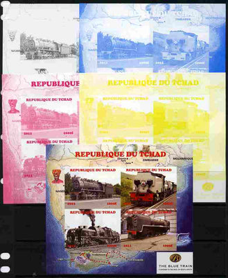 Chad 2011 Steam Locomotives #2 sheetlet containing 4 values - the set of 5 imperf progressive proofs comprising the 4 individual colours plus all 4-colour composite, unmounted mint.