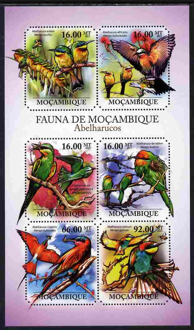 Mozambique 2011 Bee Eaters perf sheetlet containing 6 octagonal shaped values unmounted mint
