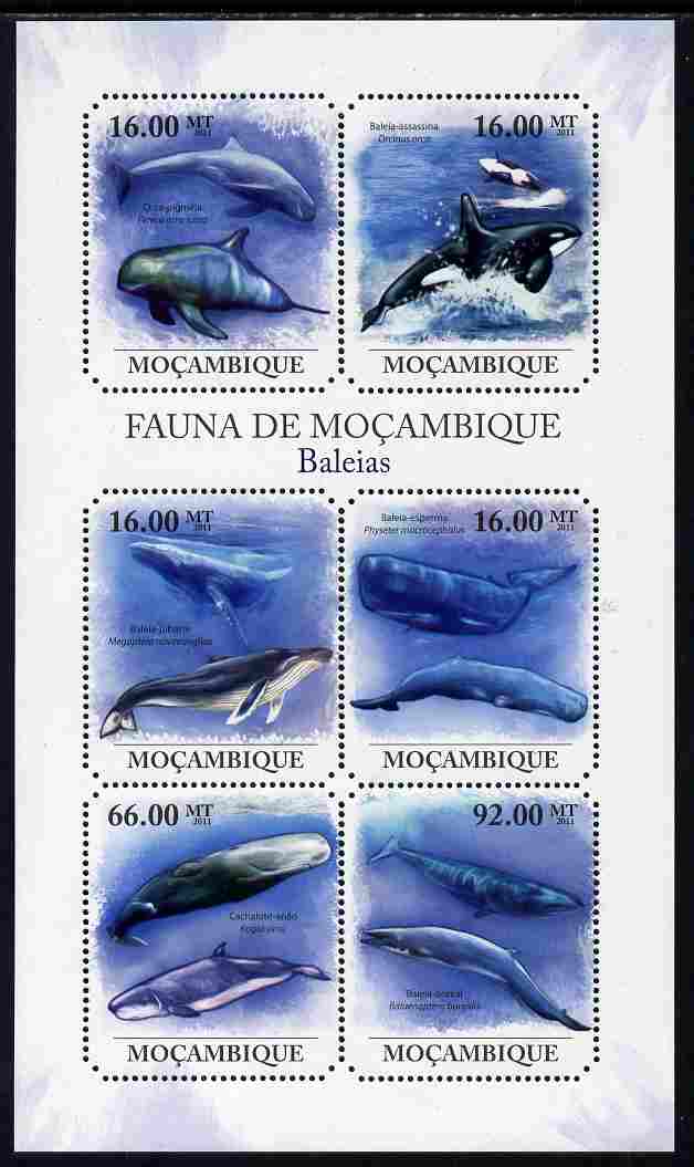 Mozambique 2011 Whales perf sheetlet containing 6 octagonal shaped values unmounted mint