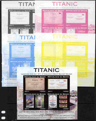 Benin 2011 Titanic #3 sheetlet containing 4 values - the set of 5 imperf progressive proofs comprising the 4 individual colours plus all 4-colour composite, unmounted mint