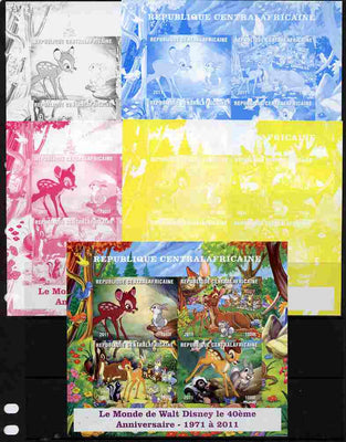 Central African Republic 2011 40th Anniversary of Walt Disney - Bambi #2 sheetlet containing 4 values - the set of 5 imperf progressive proofs comprising the 4 individual colours plus all 4-colour composite, unmounted mint