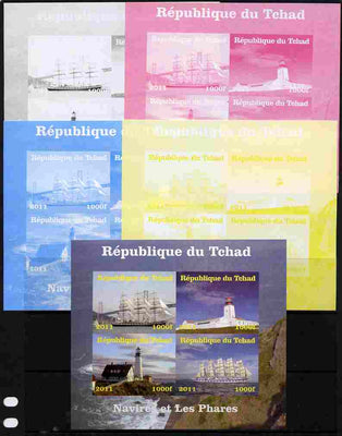 Chad 2011 Ships & Lighthouses sheetlet containing 4 values - the set of 5 imperf progressive proofs comprising the 4 individual colours plus all 4-colour composite, unmounted mint.