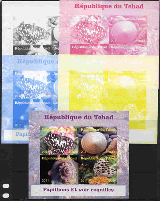 Chad 2011 Shells & Butterflies sheetlet containing 4 values - the set of 5 imperf progressive proofs comprising the 4 individual colours plus all 4-colour composite, unmounted mint.