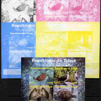 Chad 2011 Birds & Turtles sheetlet containing 4 values - the set of 5 imperf progressive proofs comprising the 4 individual colours plus all 4-colour composite, unmounted mint.