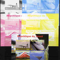 Chad 2011 Trains & Concorde sheetlet containing 4 values - the set of 5 imperf progressive proofs comprising the 4 individual colours plus all 4-colour composite, unmounted mint.