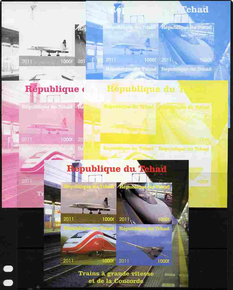 Chad 2011 Trains & Concorde sheetlet containing 4 values - the set of 5 imperf progressive proofs comprising the 4 individual colours plus all 4-colour composite, unmounted mint.