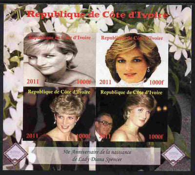 Ivory Coast 2011 50th Birth Anniversary of Princess Diana imperf sheetlet containing 4 values unmounted mint. Note this item is privately produced and is offered purely on its thematic appeal, it has no postal validity