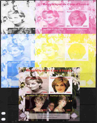Ivory Coast 2011 50th Birth Anniversary of Princess Diana sheetlet containing 4 values - the set of 5 imperf progressive proofs comprising the 4 individual colours plus all 4-colour composite, unmounted mint