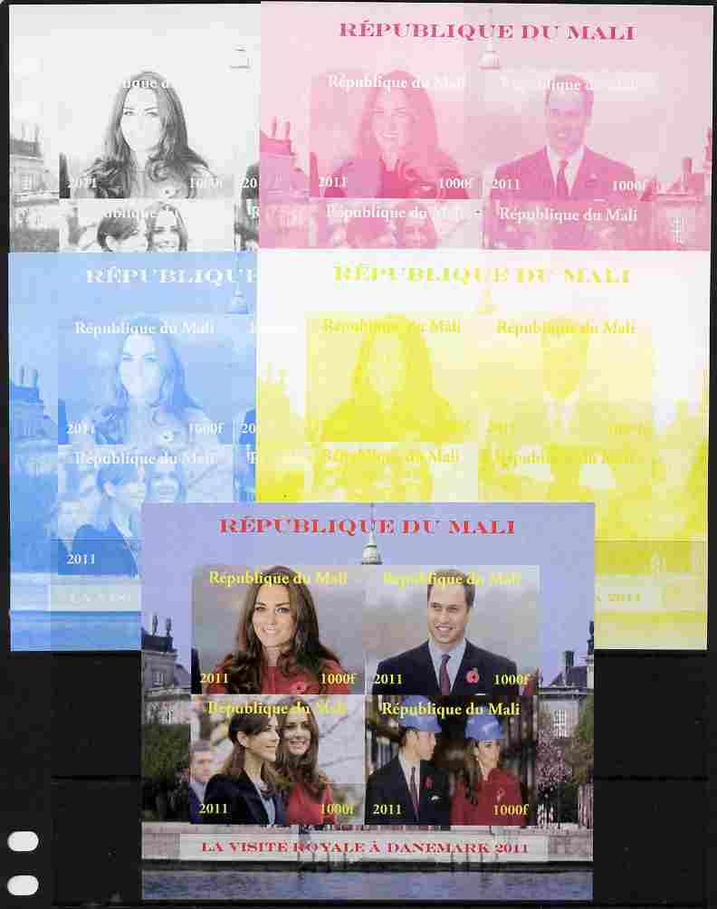 Mali 2011 Royal Visit - William & Kate Visit to Denmark #1 sheetlet containing 4 values - the set of 5 imperf progressive proofs comprising the 4 individual colours plus all 4-colour composite, unmounted mint
