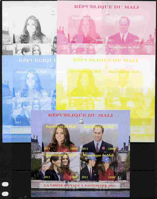 Mali 2011 Royal Visit - William & Kate Visit to Denmark #1 sheetlet containing 4 values - the set of 5 imperf progressive proofs comprising the 4 individual colours plus all 4-colour composite, unmounted mint