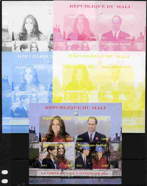 Mali 2011 Royal Visit - William & Kate Visit to Denmark #1 sheetlet containing 4 values - the set of 5 imperf progressive proofs comprising the 4 individual colours plus all 4-colour composite, unmounted mint