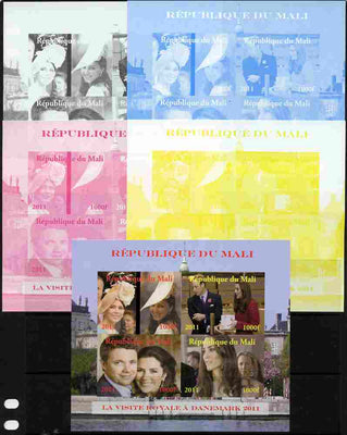 Mali 2011 Royal Visit - William & Kate Visit to Denmark #2 sheetlet containing 4 values - the set of 5 imperf progressive proofs comprising the 4 individual colours plus all 4-colour composite, unmounted mint