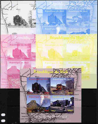 Mali 2011 Trains of Africa sheetlet containing 4 values - the set of 5 imperf progressive proofs comprising the 4 individual colours plus all 4-colour composite, unmounted mint