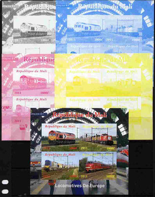 Mali 2011 Trains of Europe sheetlet containing 4 values - the set of 5 imperf progressive proofs comprising the 4 individual colours plus all 4-colour composite, unmounted mint