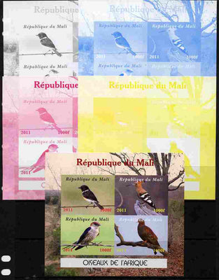 Mali 2011 Birds of Africa sheetlet containing 4 values - the set of 5 imperf progressive proofs comprising the 4 individual colours plus all 4-colour composite, unmounted mint