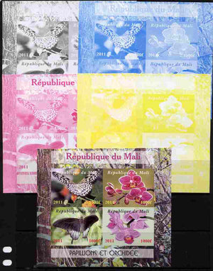 Mali 2011 Butterflies & Orchids sheetlet containing 4 values - the set of 5 imperf progressive proofs comprising the 4 individual colours plus all 4-colour composite, unmounted mint