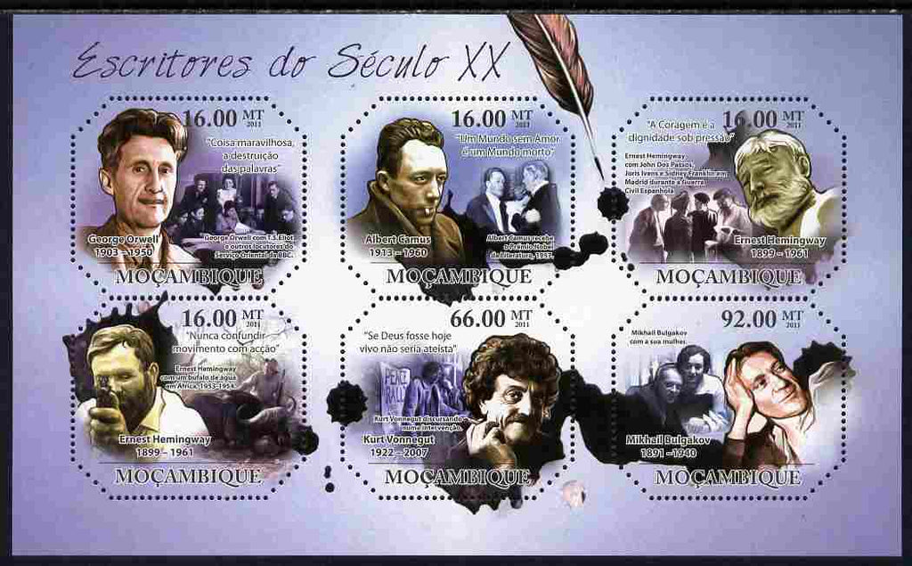 Mozambique 2011 Writers of the 20th Century perf sheetlet containing six octagonal shaped values unmounted mint