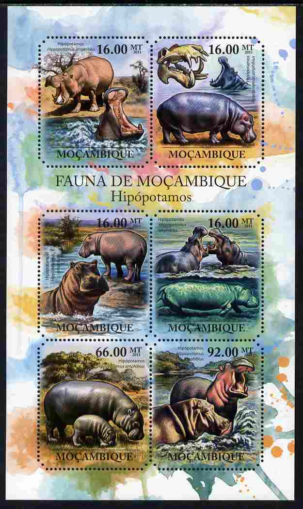 Mozambique 2011 Hippos perf sheetlet containing six octagonal shaped values unmounted mint