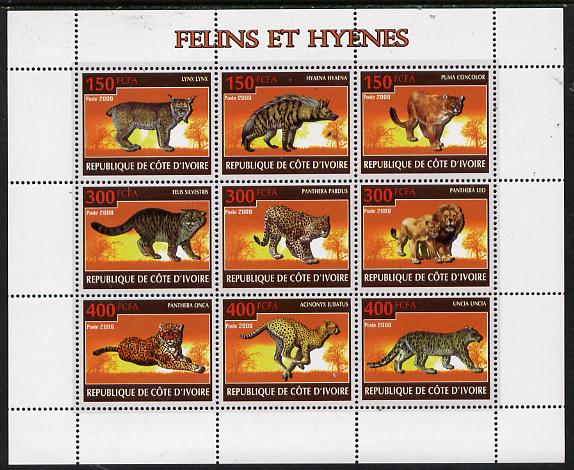 Ivory Coast 2009 Big cats & Hyenas perf sheetlet containing 9 values unmounted mint