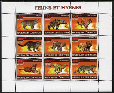 Ivory Coast 2009 Big cats & Hyenas perf sheetlet containing 9 values unmounted mint