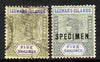 Leeward Islands 1890 QV 5s green & blue a used forgery on genuine Crown CA paper with Specimen example as comparison as SG 8,(Ex M N Oliver)