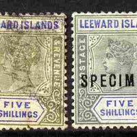 Leeward Islands 1890 QV 5s green & blue a used forgery on genuine Crown CA paper with Specimen example as comparison as SG 8,(Ex M N Oliver)
