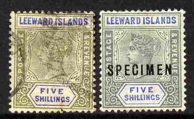 Leeward Islands 1890 QV 5s green & blue a used forgery on genuine Crown CA paper with Specimen example as comparison as SG 8,(Ex M N Oliver)