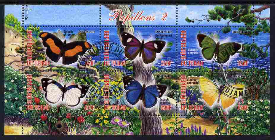 Chad 2012 Butterflies #2 perf sheetlet containing 6 values cto used