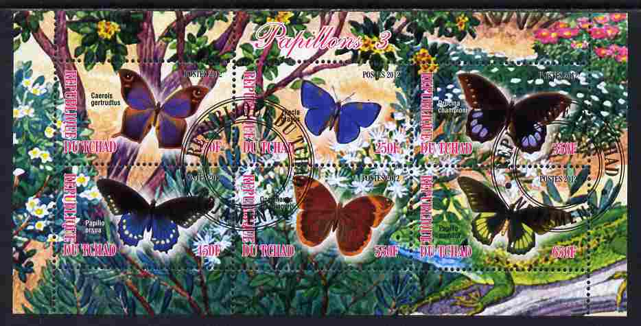 Chad 2012 Butterflies #3 perf sheetlet containing 6 values cto used