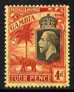 Gambia 1922-29 KG5 Script CA Elephant & Palm 4d black & red on yellow mounted mint SG 129