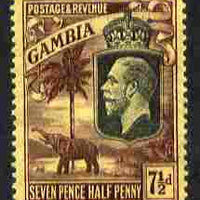 Gambia 1922-29 KG5 Script CA Elephant & Palm 7.5d black & purple on yellow mounted mint SG 132