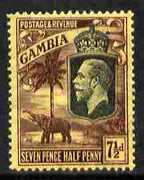 Gambia 1922-29 KG5 Script CA Elephant & Palm 7.5d black & purple on yellow mounted mint SG 132