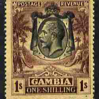 Gambia 1922-29 KG5 Script CA Elephant & Palm 1s black & purple on yellow mounted mint SG 134