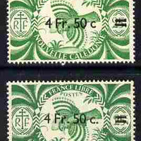 New Caledonia 1945 4f50 on 25c green Kagu two examples with different surcharges (with and without stops) both unmounted mint
