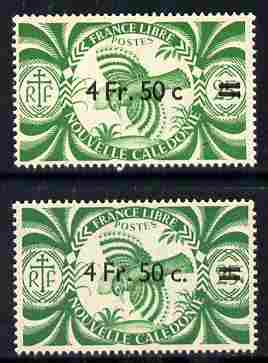 New Caledonia 1945 4f50 on 25c green Kagu two examples with different surcharges (with and without stops) both unmounted mint