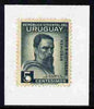 Uruguay 1941 Juan Blanes 5c Printer's sample in grey (issued stamp was bistre-brown) overprinted SPECIMEN Waterlow & Sons with security punch hole and mounted on small piece, as SG 855