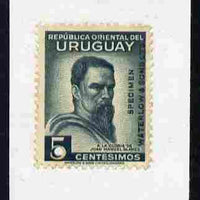 Uruguay 1941 Juan Blanes 5c Printer's sample in grey (issued stamp was bistre-brown) overprinted SPECIMEN Waterlow & Sons with security punch hole and mounted on small piece, as SG 855