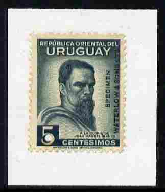 Uruguay 1941 Juan Blanes 5c Printer's sample in grey (issued stamp was bistre-brown) overprinted SPECIMEN Waterlow & Sons with security punch hole and mounted on small piece, as SG 855