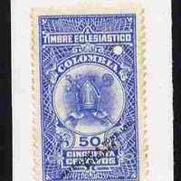 Colombia 1940's Timbre Eclesiastico 50c Printer's sample in blue overprinted Waterlow & Sons SPECIMEN with security punch hole and mounted on small piece