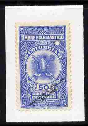 Colombia 1940's Timbre Eclesiastico 50c Printer's sample in blue overp ...